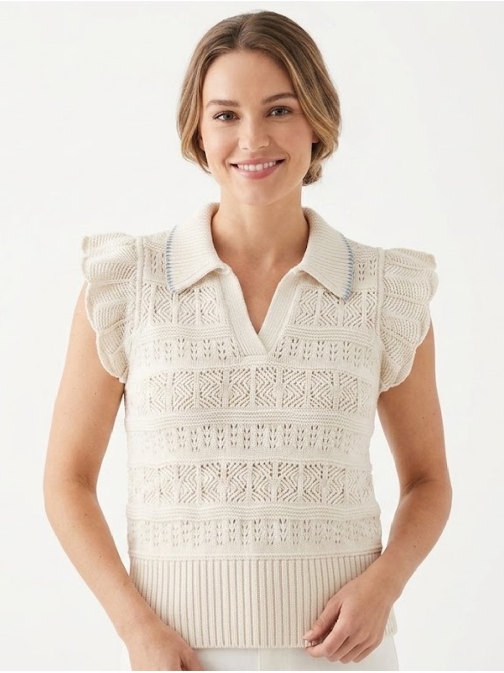 LC Lauren Conrad Cream Knit Polo with Textured Openwork